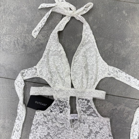 Outcast Suede Jumpsuit White Lace XS Pantsuit Halter Plunge Festival Sheer NWT - Picture 4 of 10